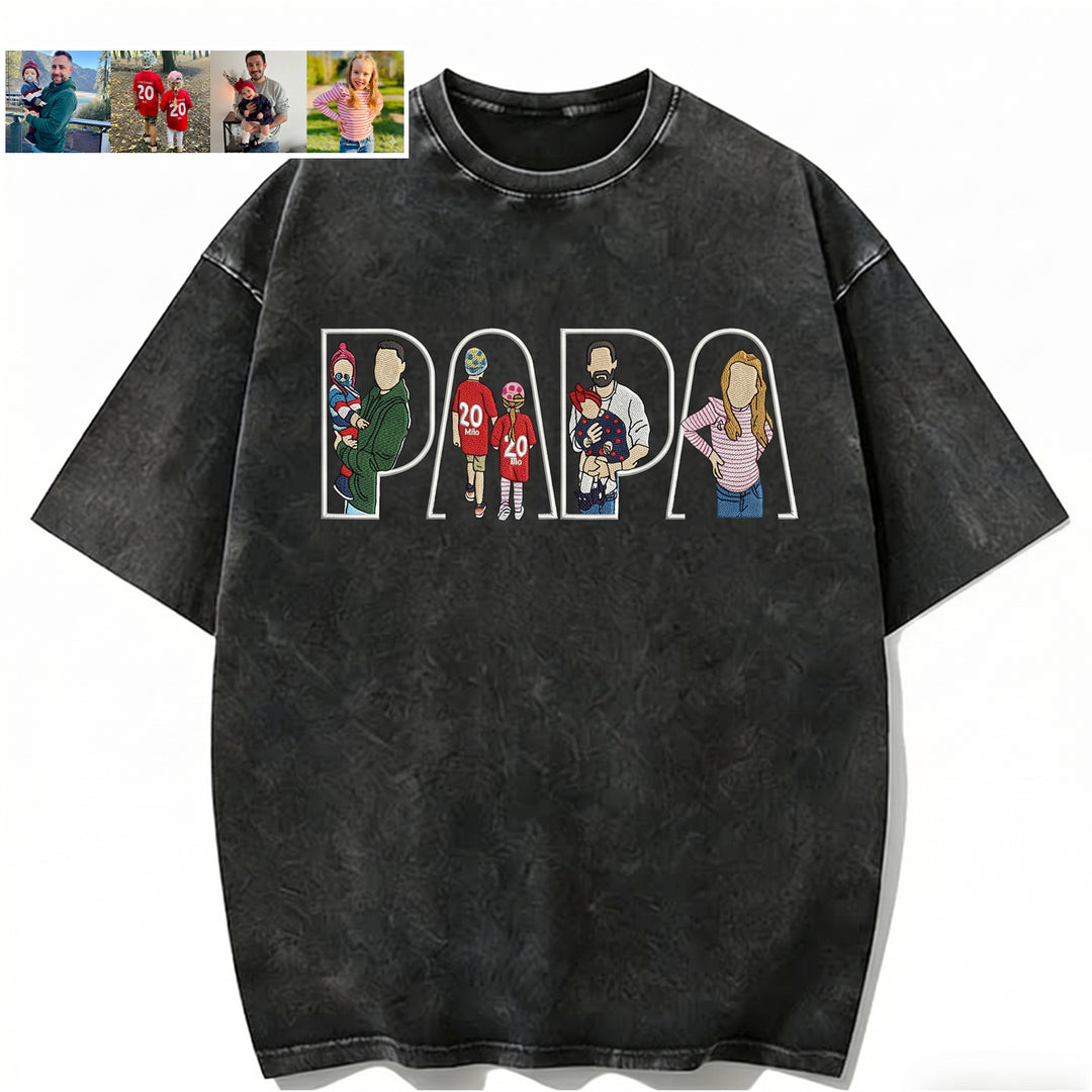 T-shirt lavé brodé avec photo personnalisée — Cadeau pour la fête des pères