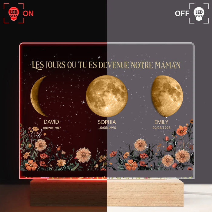 Lumière LED personnalisée les jours où vous êtes devenu notre maman avec base en bois et phase de lune⭐️