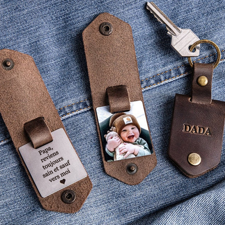 Cadeau pour papa pour la première fois, porte-clés en cuir personnalisé avec photo et nom, cadeau pour nouveau papa de la part de sa fille, cadeau photo pour futur papa