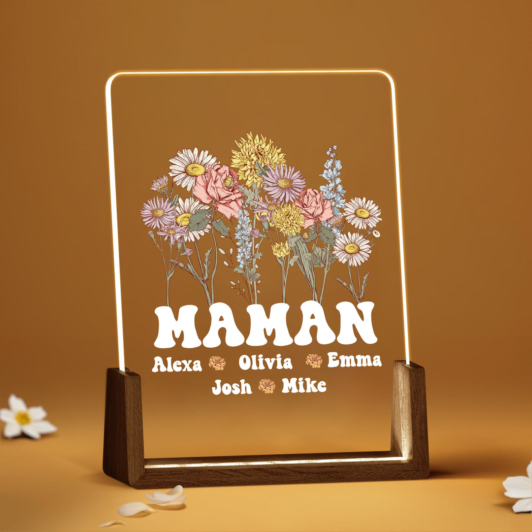 Fleur de naissance personnalisée en acrylique avec lumière LED et prénoms des enfants