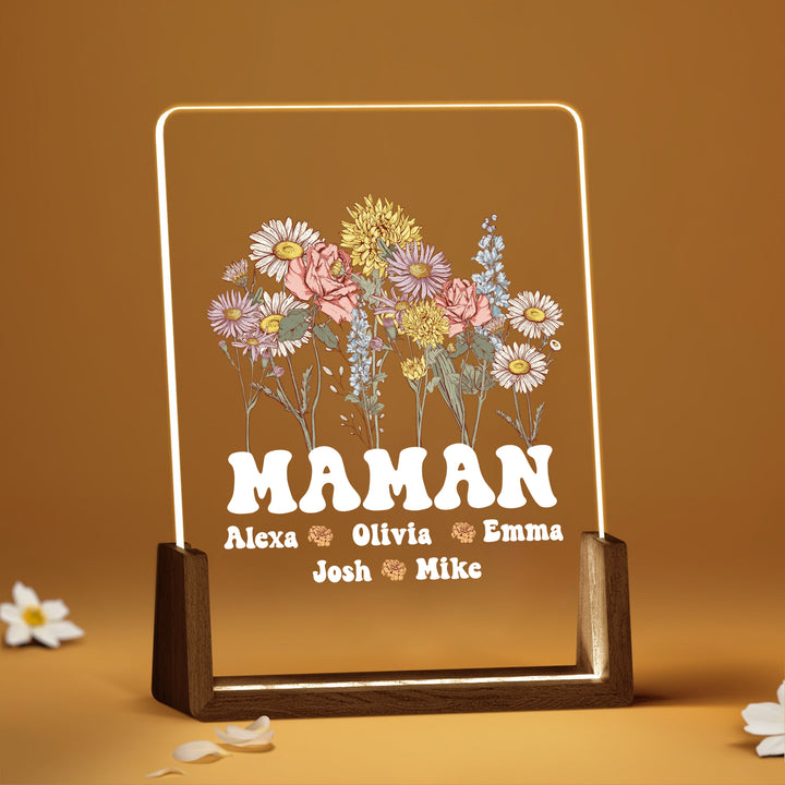 Fleur de naissance personnalisée en acrylique avec lumière LED et prénoms des enfants