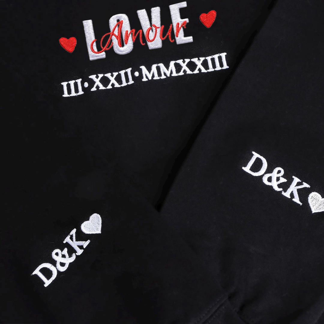 Sweat-shirts pour couples brodés en chiffres romains avec les mots LOVE et Amour