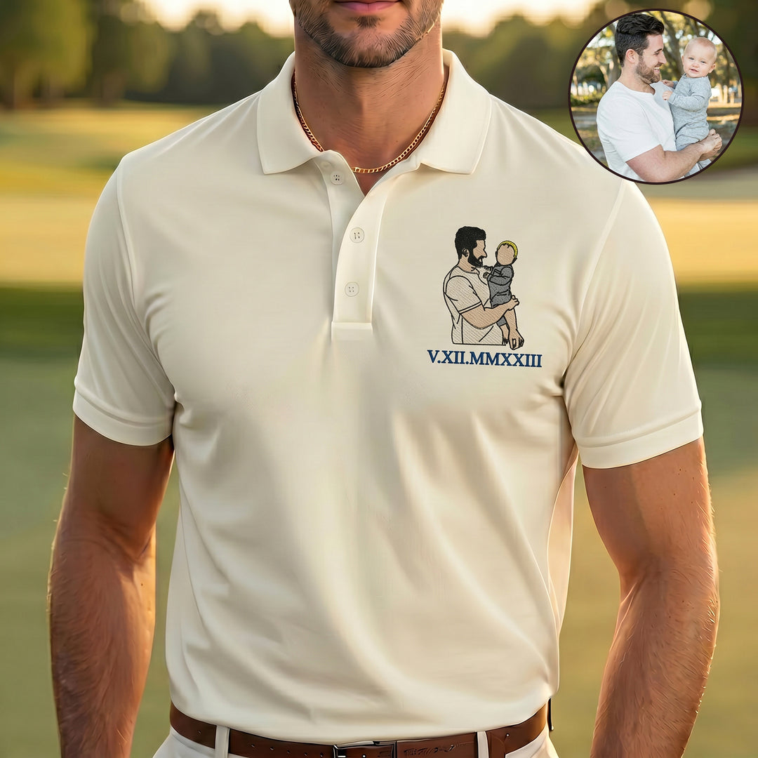 Polo personnalisé avec portrait couleur et date romaine, le cadeau parfait pour papa