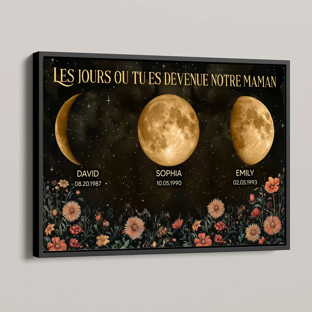 Affiche personnalisée avec phases de lune et fleurs vintage, cadeau sincère pour la fête des Mères 2025