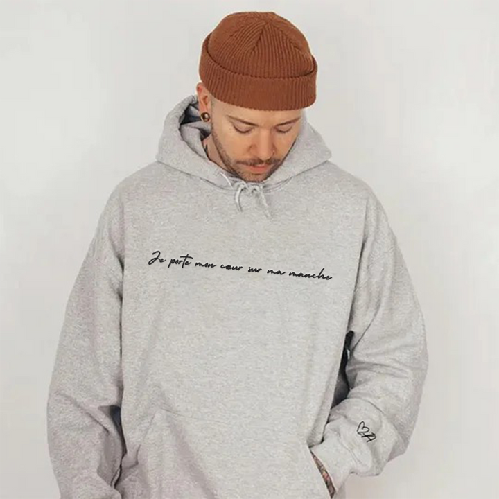 Sweat-shirt personnalisé brodé pour couple-Je Porte Mon Cœur Sur Ma Manche