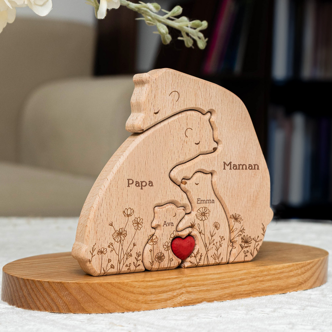 Édition florale de la famille d'ours - Puzzle personnalisé en bois de la famille d'ours