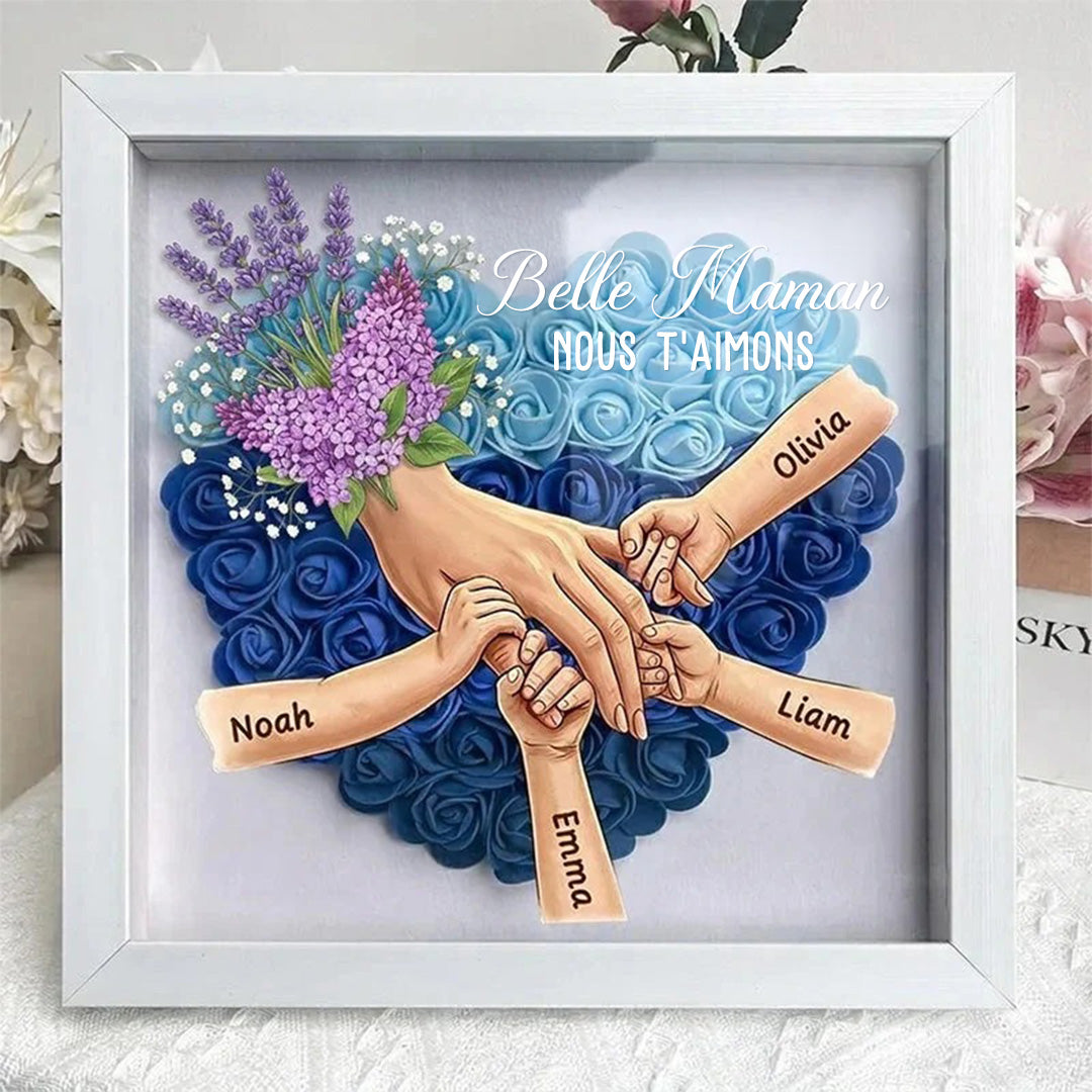 Cadre-vitrine personnalisé « Mains entrelacées » – Thème Lavande – Cadeau pour la fête des Mères