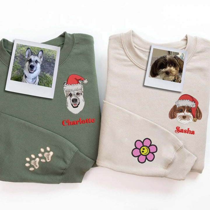 Sweat-shirt brodé personnalisé en couleur avec portrait d'animal de compagnie, avec chapeau de Noël