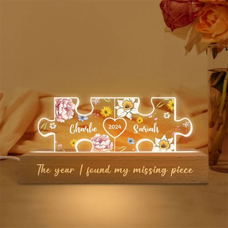Tu es ma pièce manquante-Veilleuse LED en acrylique personnalisée avec initiales de couple sur le thème floral