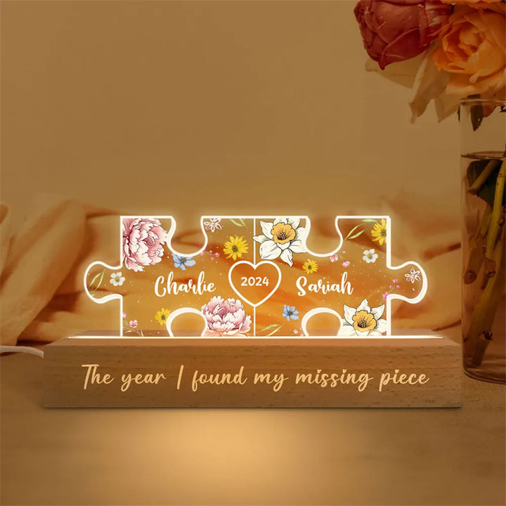 Tu es ma pièce manquante-Veilleuse LED en acrylique personnalisée avec initiales de couple sur le thème floral