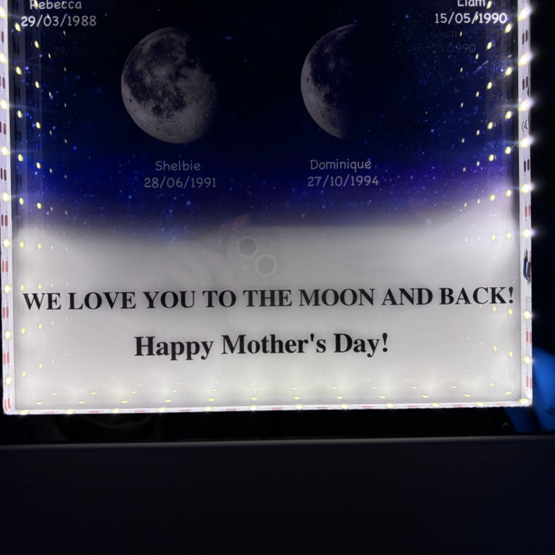 L'univers de maman/papa - Miroir lumineux personnalisé avec phases de lune étoilées