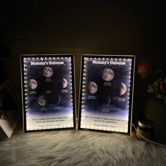 L'univers de maman/papa - Miroir lumineux personnalisé avec phases de lune étoilées