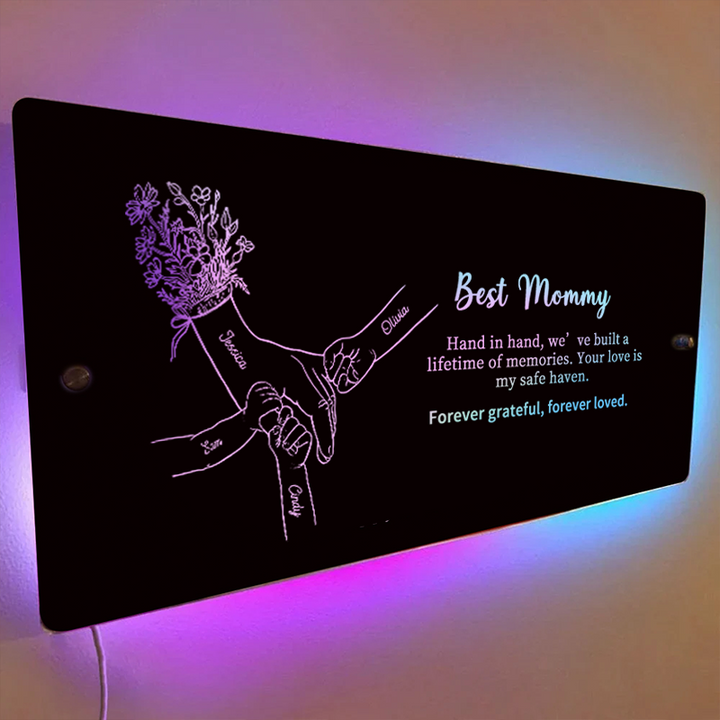 Miroir lumineux personnalisé avec les mains de maman et des enfants — Cadeau pour la fête des Mères