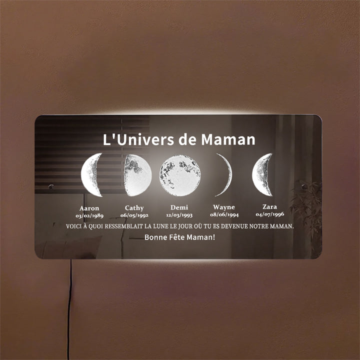 Miroir lumineux personnalisé avec phases de lune et date - Cadre artistique personnalisé pour maman - L’univers de Maman