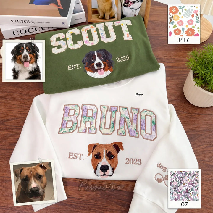 T-shirt ou sweat-shirt personnalisé avec portrait d'animal et broderie en appliqué floral
