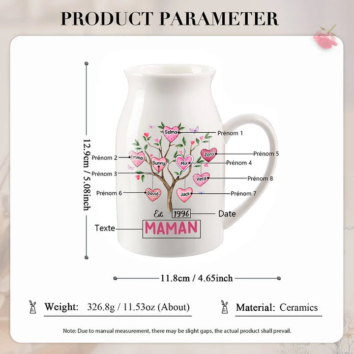 Vase à Fleurs Arbre 2-8 Prénoms Personnalisés avec Texte et Année