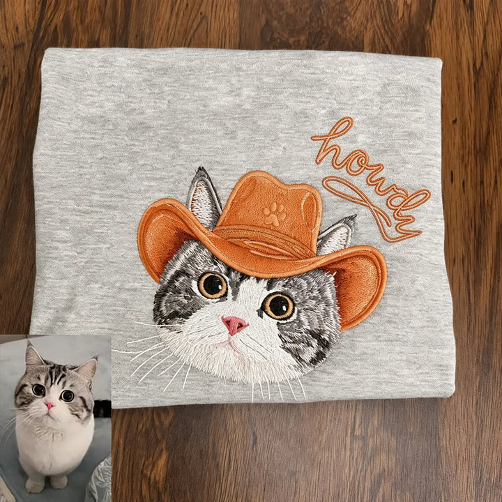 Sweat-shirt brodé avec portrait d'animal personnalisé, style cowboy western et options de chapeau en jean coloré