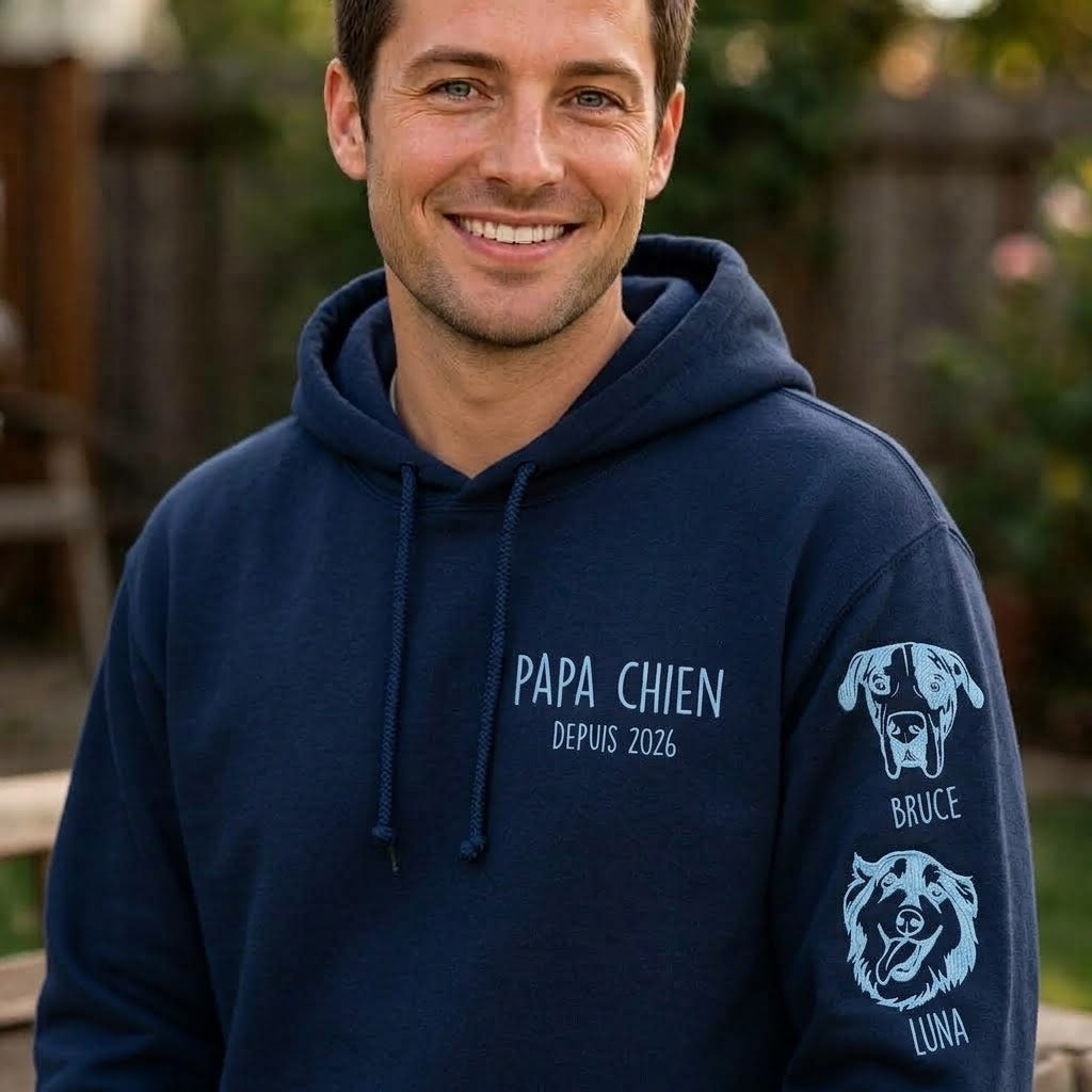 Sweat-shirt personnalisé pour maman de chien, portrait et prénoms de vos compagnons brodés sur les manches