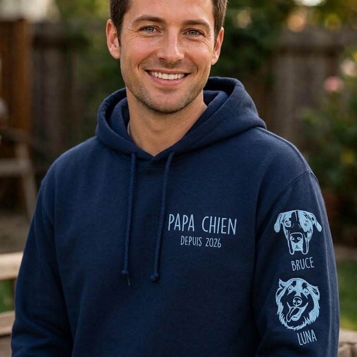 Sweat-shirt personnalisé pour maman de chien, portrait et prénoms de vos compagnons brodés sur les manches