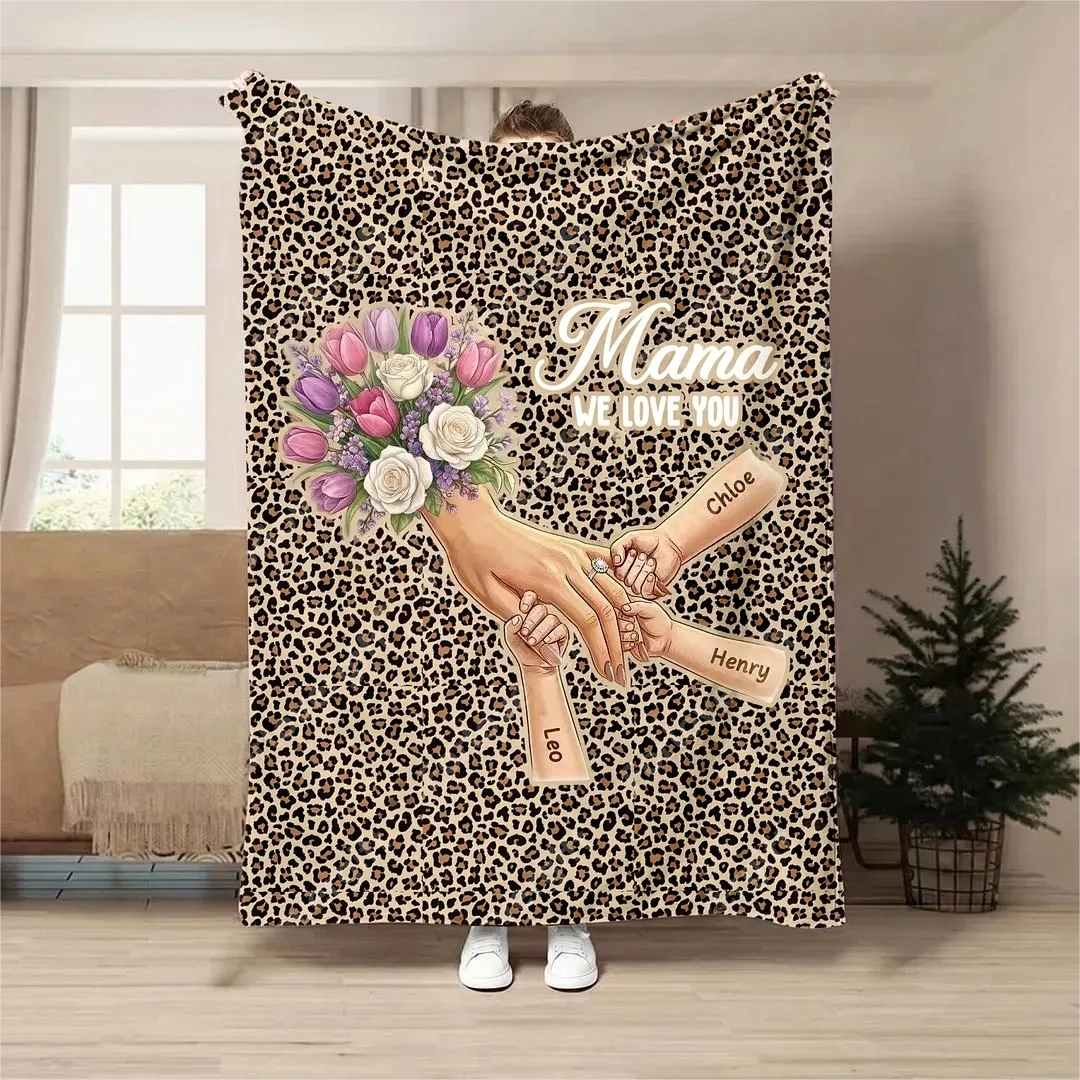 Plaid couverture personnalisée Maman mains entrelacées avec prénoms et fleurs
