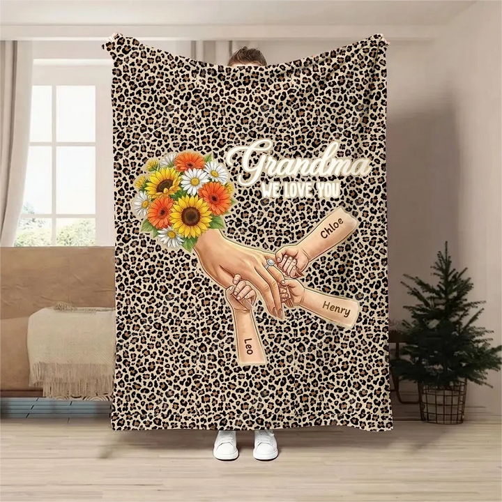 Plaid couverture personnalisée Maman mains entrelacées avec prénoms et fleurs