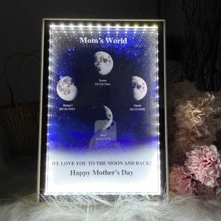 L'univers de maman/papa - Miroir lumineux personnalisé avec phases de lune étoilées