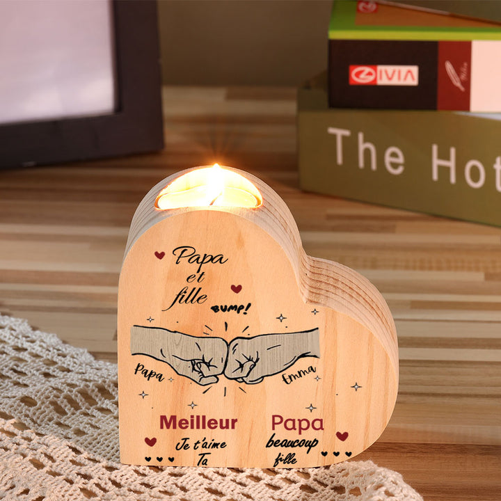 Papa et fille - Bougeoir Poings personnalisé en forme de coeur en Bois sans bougie 2 Prénoms Personnalisés