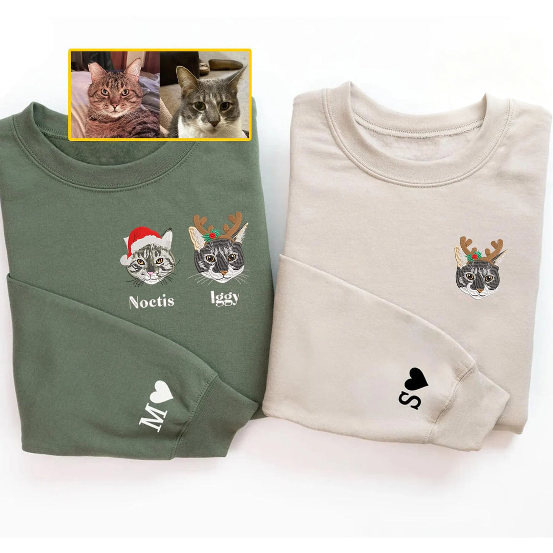 Sweat-shirt brodé personnalisé en couleur avec portrait d'animal de compagnie, avec chapeau de Noël, 2025