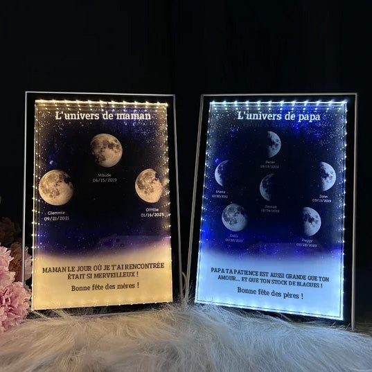 L'univers de maman/papa - Miroir lumineux personnalisé avec phases de lune étoilées