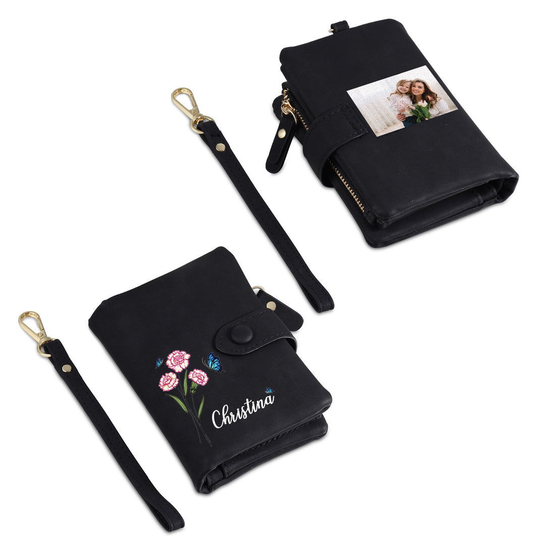 Portefeuille Fleur de naissance 1 Prénom et Photo Personnalisés Porte-Monnaie Carte pour Femmes