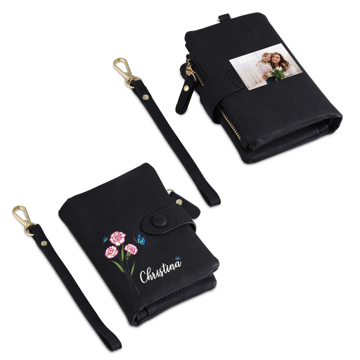 Portefeuille Fleur de naissance 1 Prénom et Photo Personnalisés Porte-Monnaie Carte pour Femmes