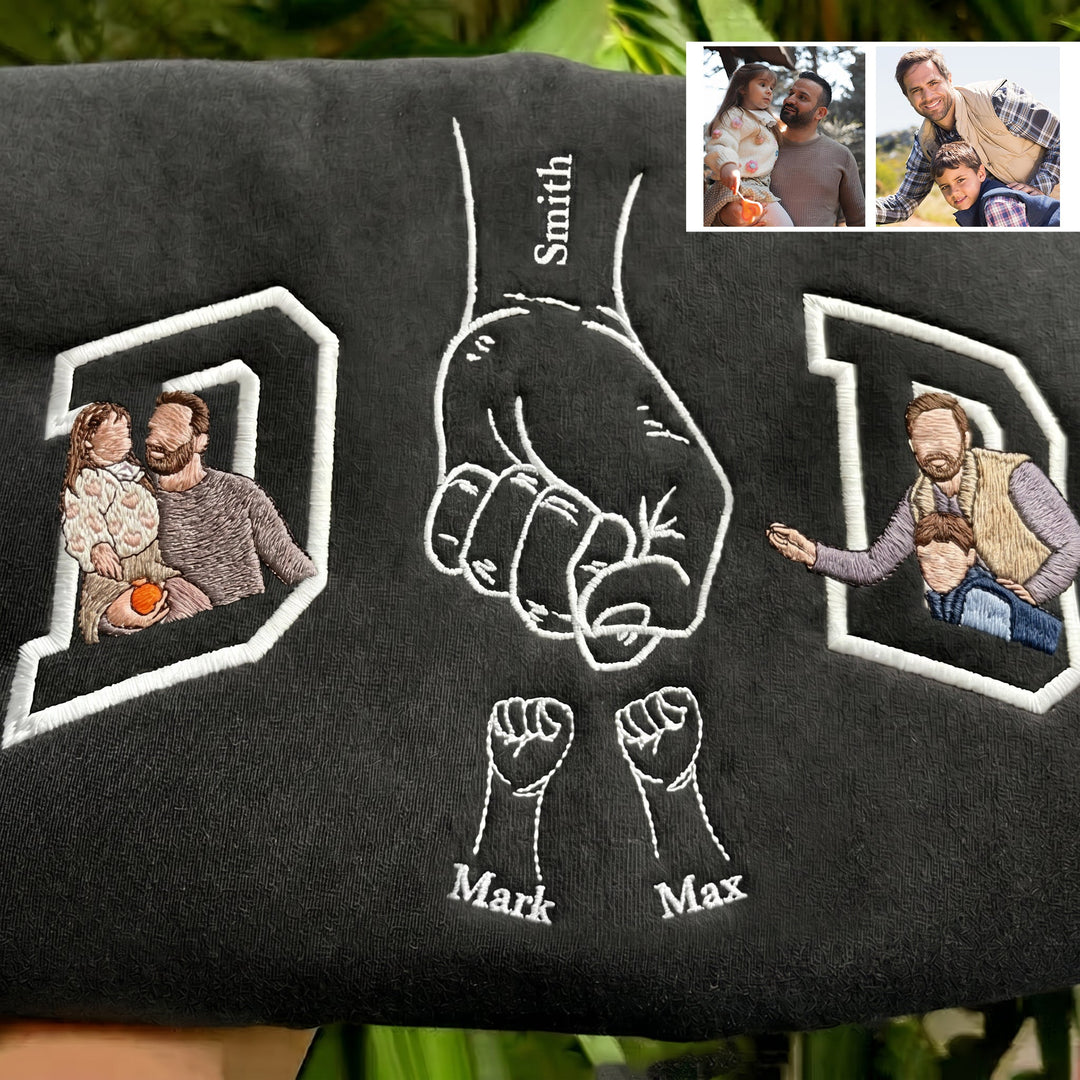 Photos brodées en couleur sur T-shirts et sweats – le cadeau idéal pour Papa