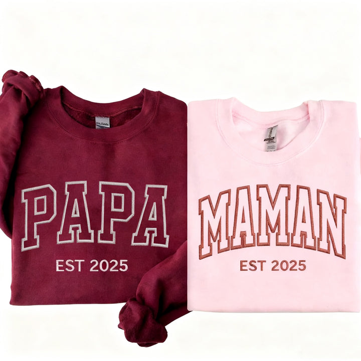 Sweat-shirt ou sweat à capuche brodé PAPA/MAMAN, nom de l'enfant sur la manche, cadeau pour les parents