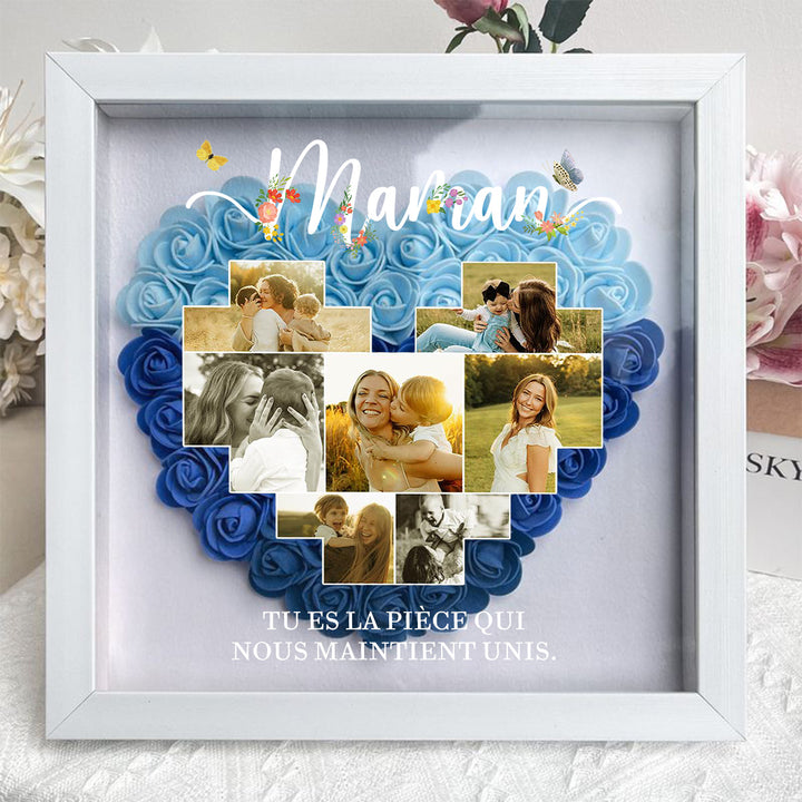 Boîte d’ombre cœur en roses personnalisée avec photos – Cadre souvenir familial