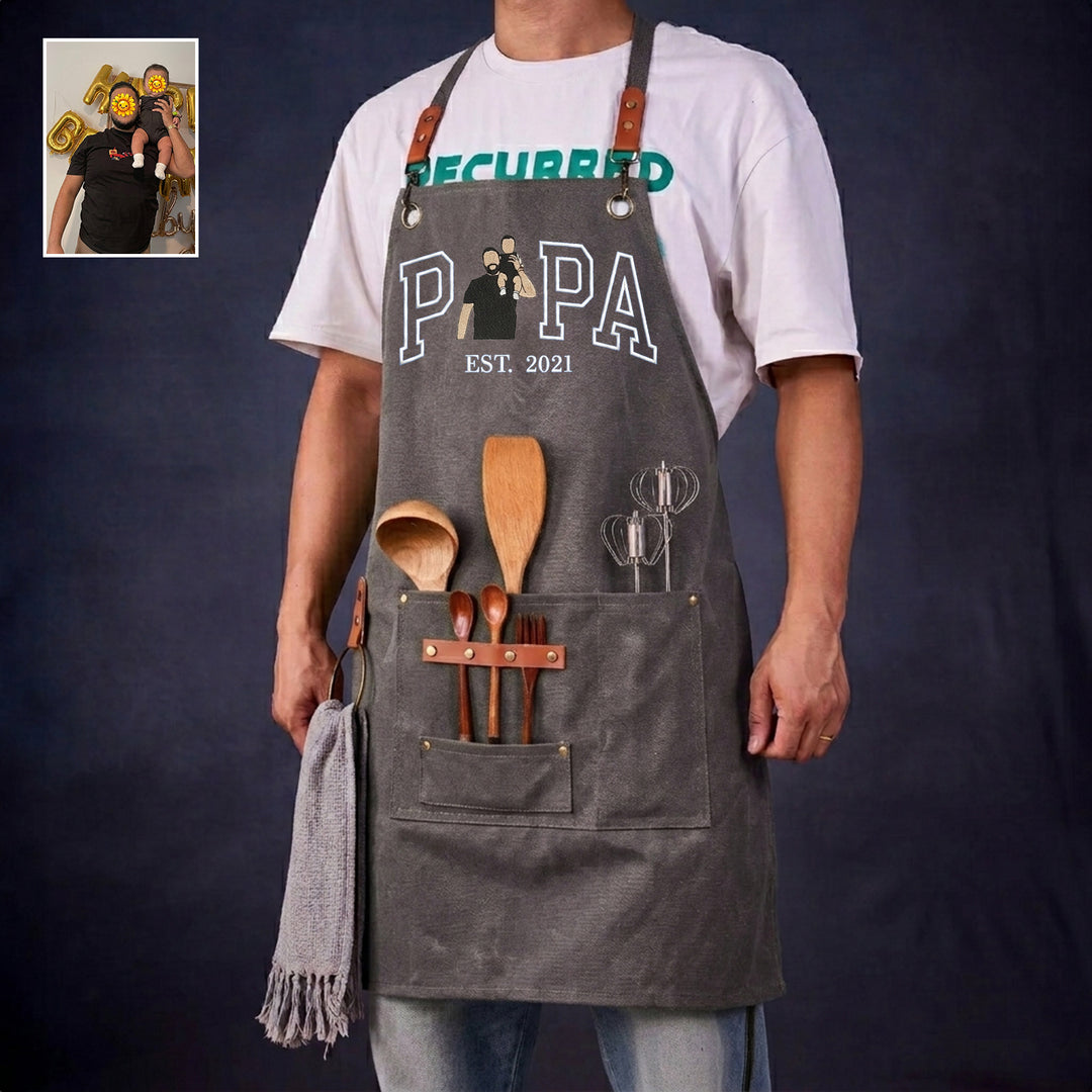 Tablier de barbecue en toile cirée brodée d'un portrait, cadeau pour papa