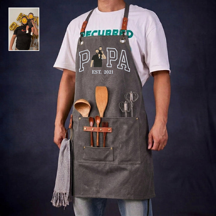 Tablier de barbecue en toile cirée brodée d'un portrait, cadeau pour papa