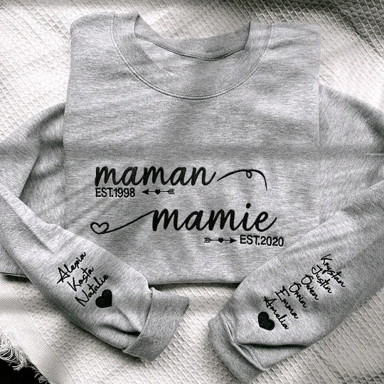 Sweat-shirt brodé personnalisé « De maman à grand-mère / De papa à grand-père » avec les noms des enfants sur les manches