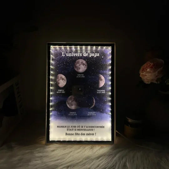 L'univers de maman/papa - Miroir lumineux personnalisé avec phases de lune étoilées