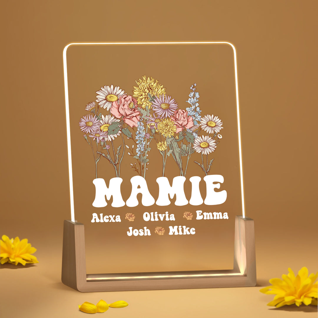 Fleur de naissance personnalisée en acrylique avec lumière LED et prénoms des enfants