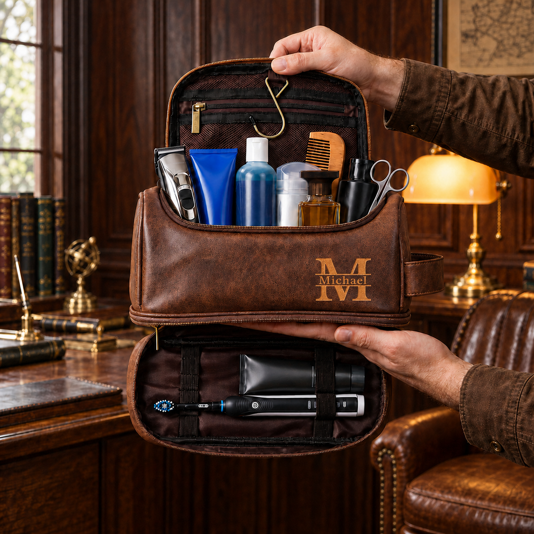 Trousse de toilette personnalisée en cuir double couche – un cadeau pour les pères et les hommes