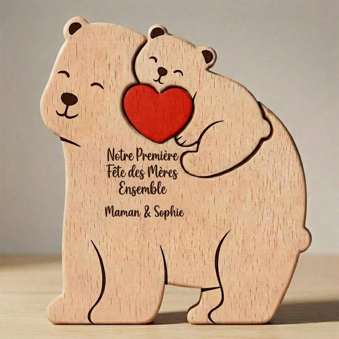 Puzzle en bois personnalisé « Maman Ours et Bébé » – Cadeau sur mesure pour jeune maman