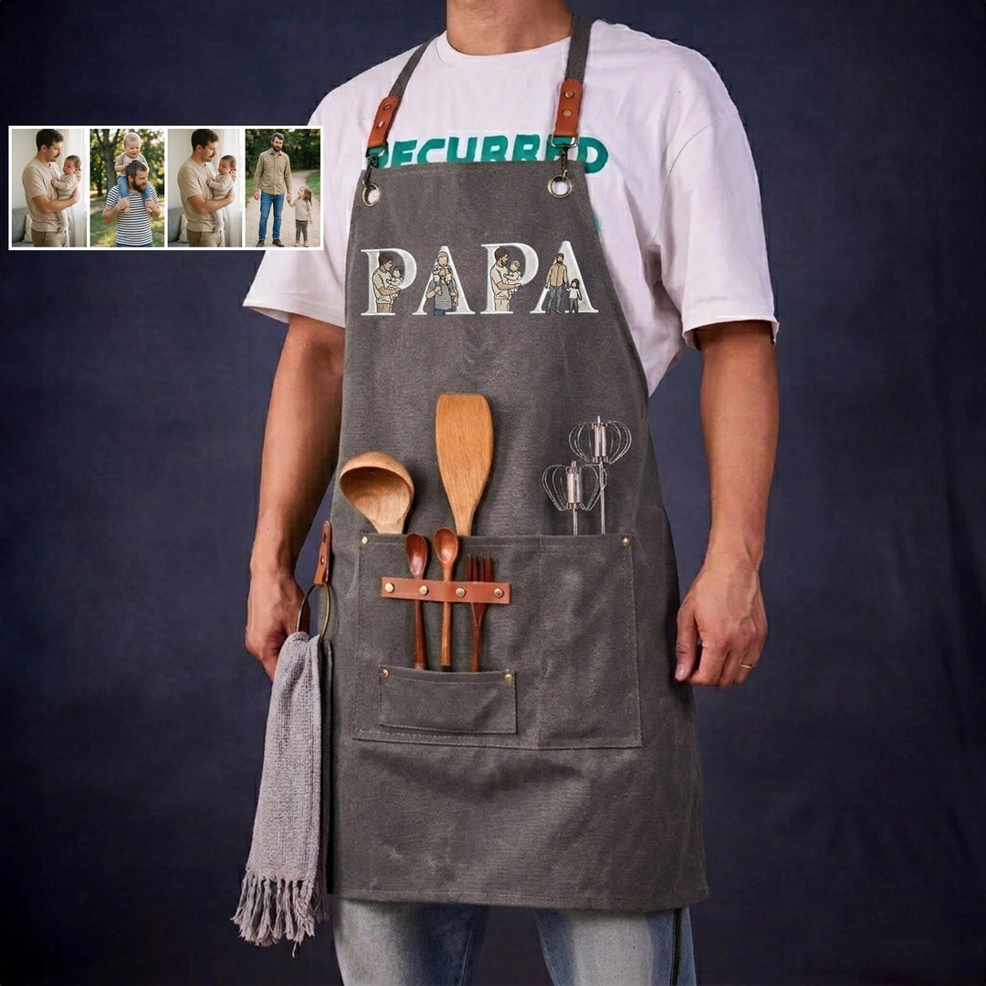 Tablier de barbecue en toile cirée brodée d'un portrait, spécialement conçu pour papa