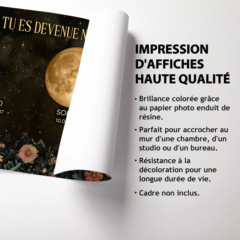Affiche personnalisée avec phases de lune et fleurs vintage, cadeau sincère pour la fête des Mères 2025