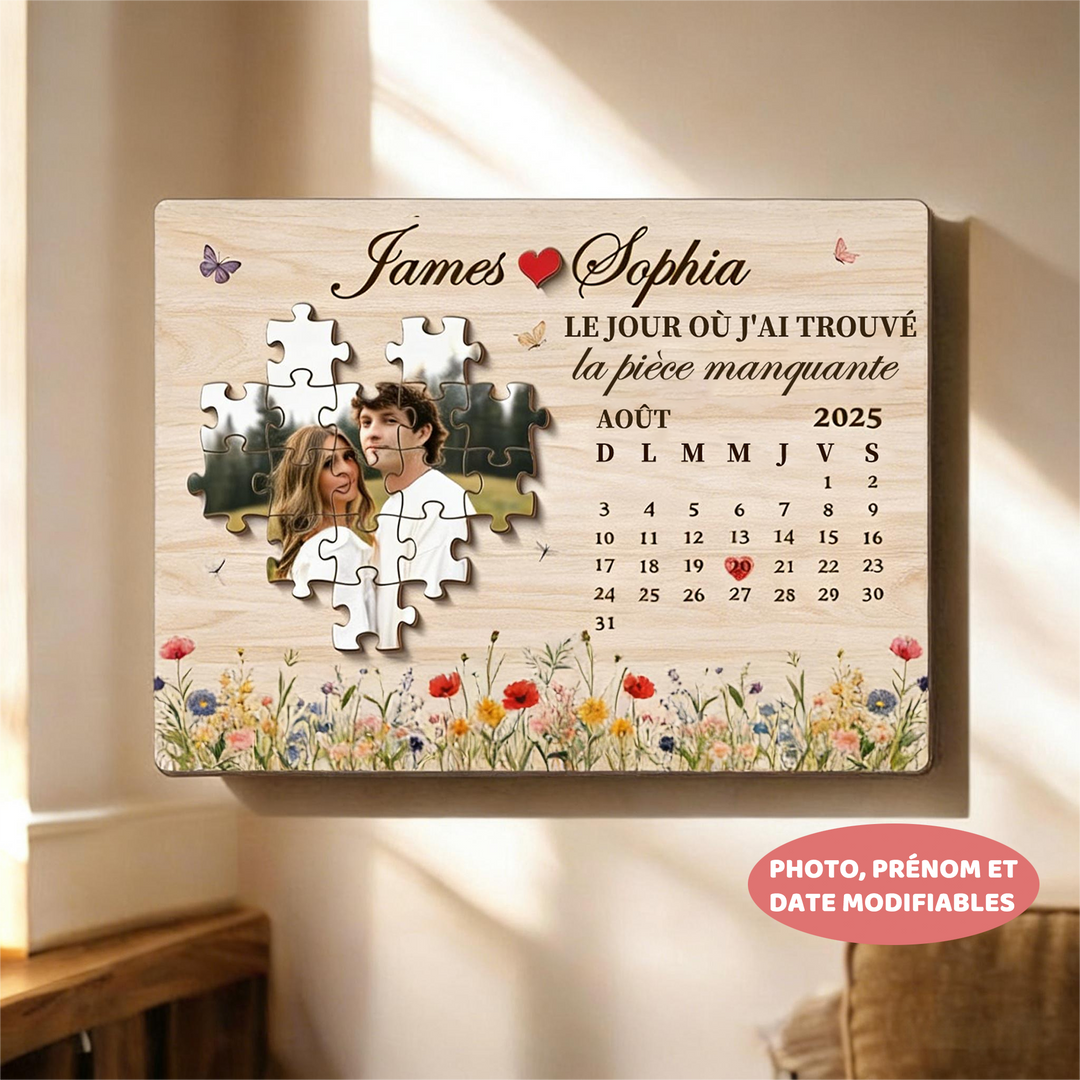 Puzzle personnalisé pour couple « Le jour où j'ai trouvé ma pièce manquante » avec plaque date personnalisée, cadeau d'anniversaire pour elle