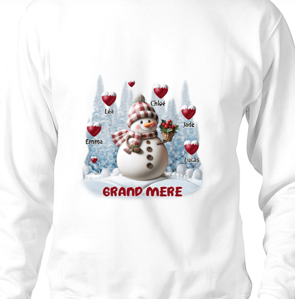 Sweat-shirt personnalisé Joyeux Noël Bonhomme de neige Grand-mère Maman Doux Cœur Enfants