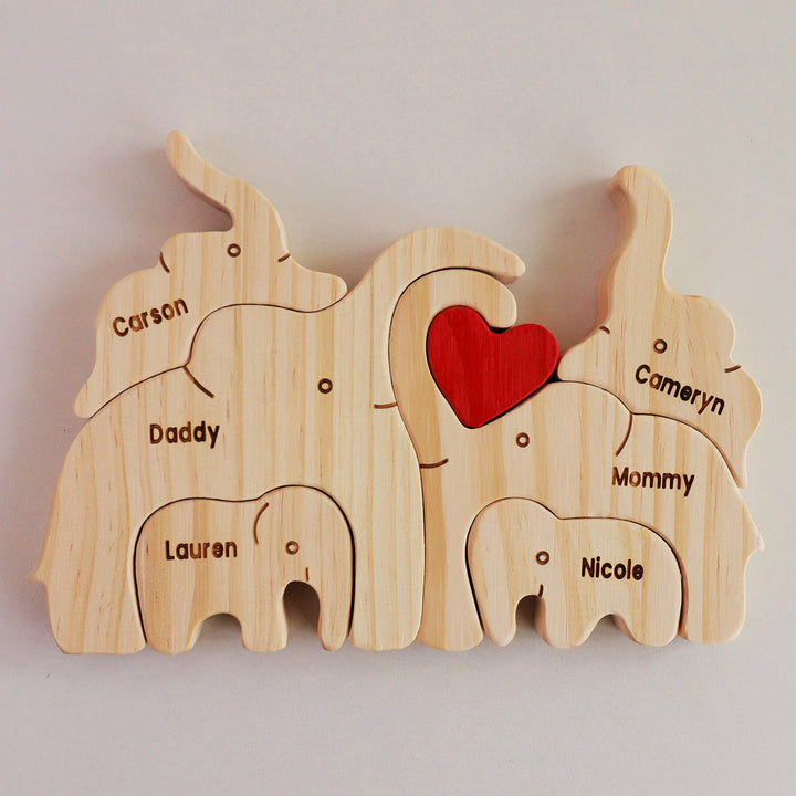 2-10 Prénoms🐘Puzzle famille éléphants en bois