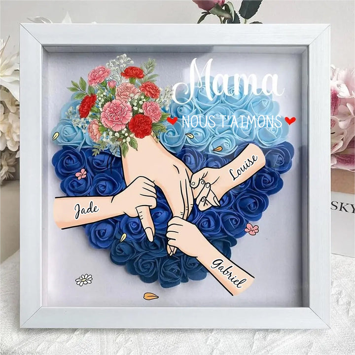 Cadre Ombre Personnalisé "Maman, je t’aime" – Bouquet Fait Main & Mains Entrelacées