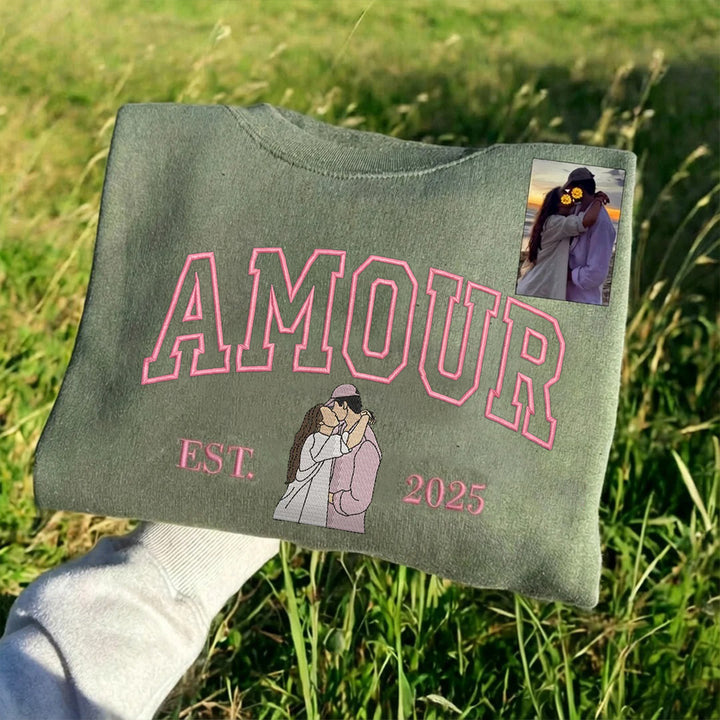 2025 Sweat-shirt personnalisé avec portrait brodé photo AMOUR
