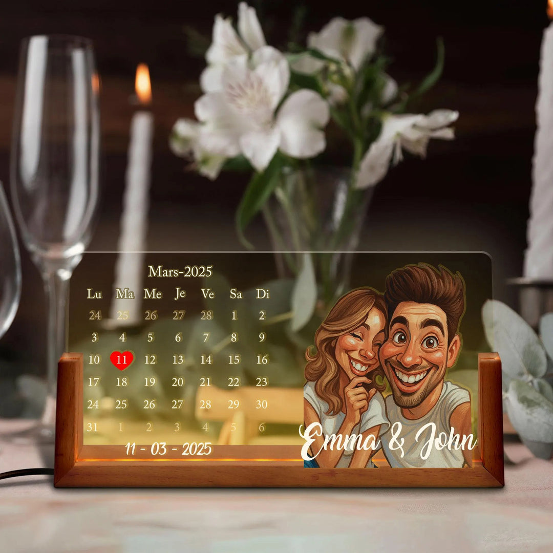 Lampe LED calendrier personnalisée avec portrait de couple, cadeau de Saint-Valentin