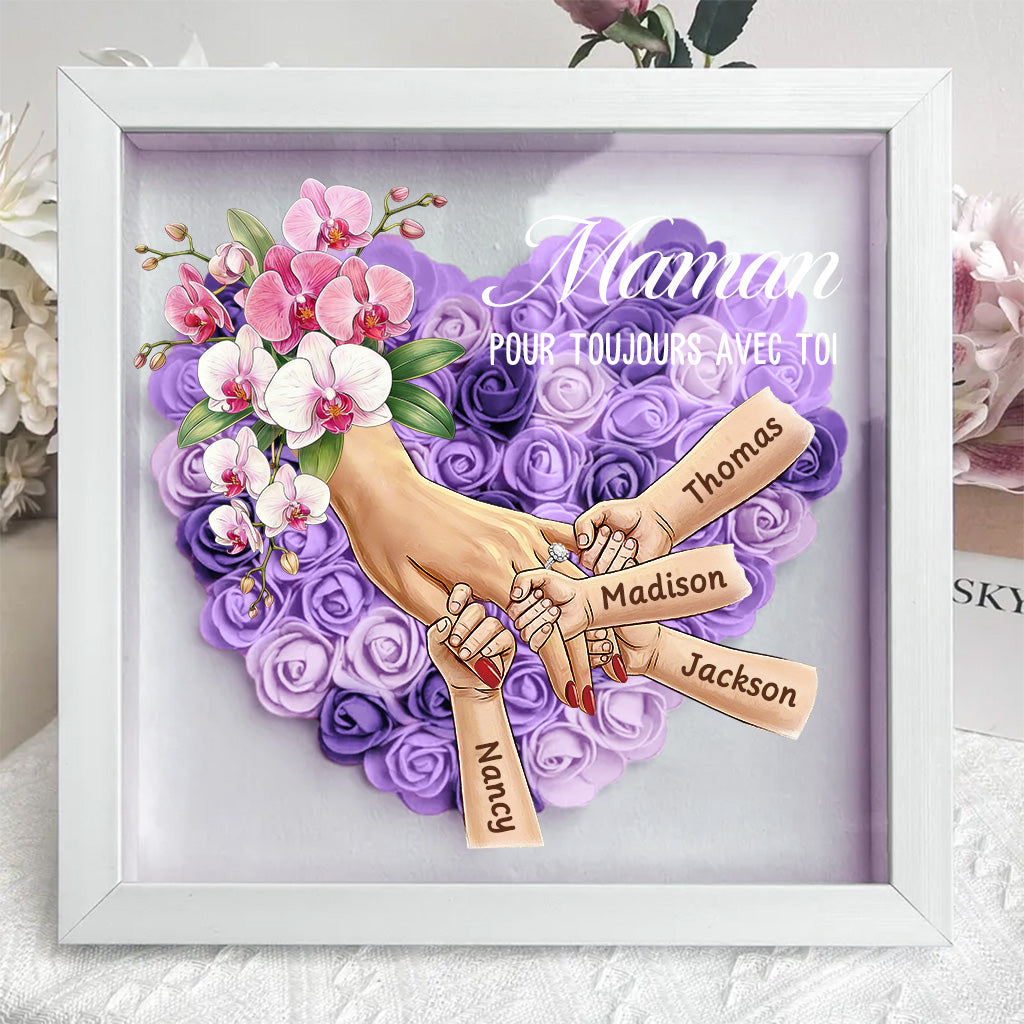 Boîte d’ombre cœur floral personnalisée Maman mains avec prénoms enfants et bague manicure